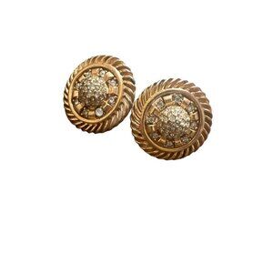 Halbe Signed Vintage Button Rhinestones Gold Tone Pierced Earrings